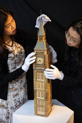 London Craft Week: Bamboo Replica of Big Ben at Royal Society of Sculptors, London, UK 11 May 2026 Bamboo replica of Big Ben on display at the Royal Society of Sculptors, London, UK, on 11 May 2026, during London Craft Week. The 74cm tower is the work of young Hong Kong contemporary artist InkgÅ Lam, crafted using a century-old bamboo technique originally developed for making traditional steamers, and is presented as part of the Crafts on Peel exhibition showcasing master artisans and rising makers from across Greater China., Credit:Pete Speller Avalon  Copyright: xPetexSpellerx xAvalonx 1098119310