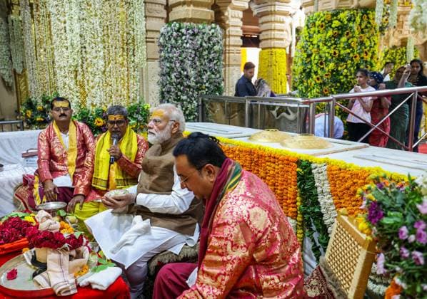 PM Modi performs rituals on the occasion of Somnath Amrut Mahotsav Gir Somnath, May 11 (ANI): Prime Minister Narendra Modi performs rituals on the occasion of Somnath Amrut Mahotsav, celebrating 75 years of the inauguration of the restored Somnath temple, in Gir Somnath on Monday. (DPR PMO ANI Photo) Gir Somnath Jammu and Kashmir India Copyright: xANIx ANI_20260511189