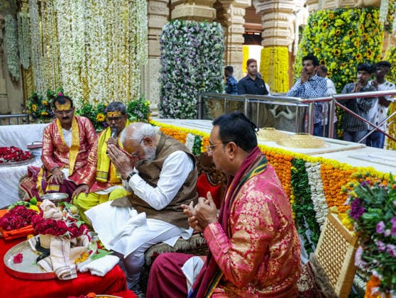 PM Modi performs rituals on the occasion of Somnath Amrut Mahotsav Gir Somnath, May 11 (ANI): Prime Minister Narendra Modi performs rituals on the occasion of Somnath Amrut Mahotsav, celebrating 75 years of the inauguration of the restored Somnath temple, in Gir Somnath on Monday. (DPR PMO ANI Photo) Gir Somnath Gujarat India Copyright: xANIx ANI_20260511190