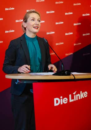 Ines Schwerdtner, Vorsitzende der Partei Die Linke, aufgenommen im Rahmen einer Pressekonferenz in Berlin, 11.05.2026. Berlin Deutschland Copyright: xYonaxElsnerx