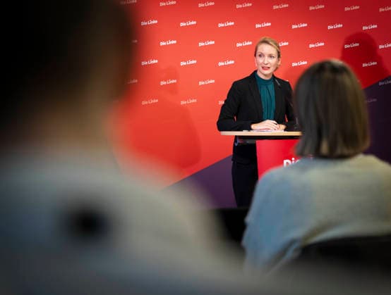 Ines Schwerdtner, Vorsitzende der Partei Die Linke, aufgenommen im Rahmen einer Pressekonferenz in Berlin, 11.05.2026. Berlin Deutschland Copyright: xYonaxElsnerx