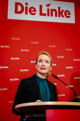 Ines Schwerdtner, Vorsitzende der Partei Die Linke, aufgenommen im Rahmen einer Pressekonferenz in Berlin, 11.05.2026. Berlin Deutschland Copyright: xYonaxElsnerx