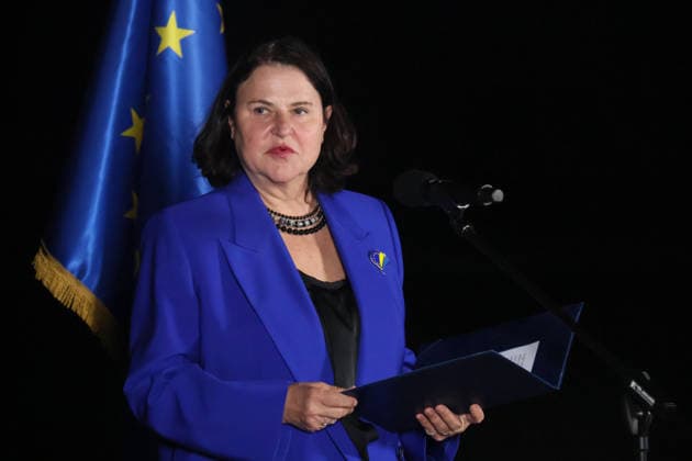 RECORD DATE NOT STATED Ambassador of the European Union to Ukraine Katarina Mathernova attends a ceremony illuminating the Motherland Monument in EU flag colors to mark Europe Day, Kyiv, Ukraine, on May 9, 2026 (Photo by Pavlo Bahmut Ukrinform) Motherland Monument illuminated in EU colors on Europe Day  Copyright: xPavloxBahmutx