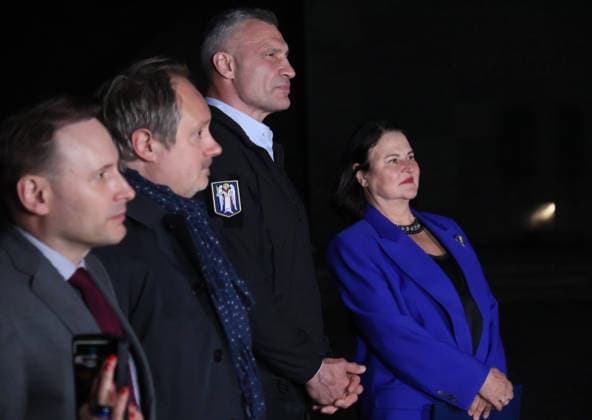 RECORD DATE NOT STATED Ambassador of the European Union to Ukraine Katarina Mathernova and Kyiv Mayor Vitalii Klitschko attend a ceremony illuminating the Motherland Monument in EU flag colors to mark Europe Day, Kyiv, Ukraine, on May 9, 2026 (Photo by Pavlo Bahmut Ukrinform) Motherland Monument illuminated in EU colors on Europe Day  Copyright: xPavloxBahmutx