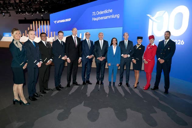 Michael Niggemann, Till Streichert, Carsten Spohr, Grazia Vittadini und Dieter Vranckx bei der Hauptversammlung der Deutschen Lufthansa AG in der Messe Frankfurt, Halle 5.1 & Congress Center. Frankfurt am Main, 12.05.2026