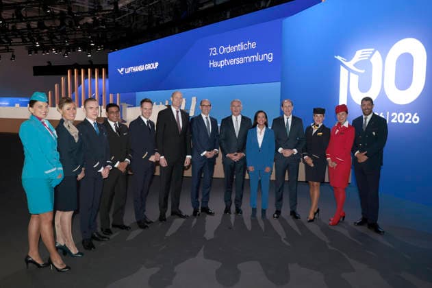 Michael Niggemann, Till Streichert, Carsten Spohr, Grazia Vittadini und Dieter Vranckx bei der Hauptversammlung der Deutschen Lufthansa AG in der Messe Frankfurt, Halle 5.1 & Congress Center. Frankfurt am Main, 12.05.2026
