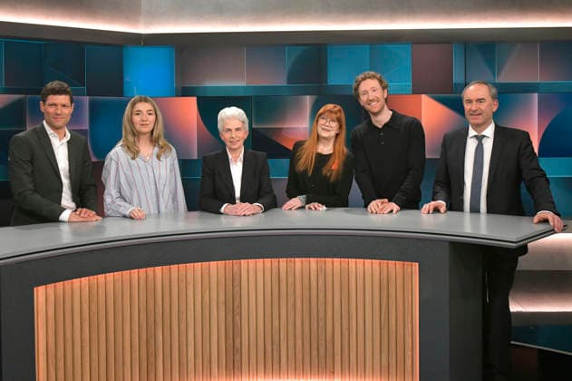 Ronen Steinke, Caro Worbs, Marie-Agnes Strack-Zimmermann, Katja Ebstein, Louis Klamroth und Hubert Aiwanger in der ARD-Talkshow hart aber fair im Studio Adlershof. Berlin, 11.05.2026