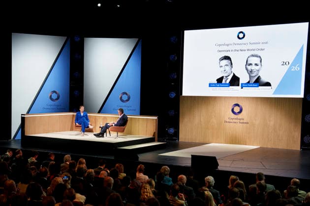 Copenhagen Democracy Summit at the Royal Danish Playhouse Anders Fogh Rasmussen, Founder and Chairman of Rasmussen Global and the Alliance of Democracies Foundation, and Danish Prime Minister Mette Frederiksen speaks at the Copenhagen Democracy Summit at the Royal Danish Playhouse on Tuesday, May 12, 2026. , Copenhagen Denmark Copyright: Ritzau Scanpix LiselottexSabroex spdk20260512-113849-L
