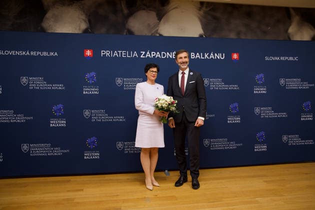 Slovakia hosts ministerial meeting of the Friends of the Western Balkans BRATISLAVA, SLOVAKIA - MAY 12: The Minister of Foreign and European Affairs of the Slovak Republic, Juraj Blanar welcomes European Commissioner for Enlargement Marta Kos during the ministerial meeting of the Friends of the Western Balkans group at Bratislava Castle in Bratislava, Slovakia on May 12, 2026. The event brings together foreign ministers of the member states of the Friends of the Western Balkans group (Slovakia, Czechia, Greece, Croatia, Austria, Slovenia and Italy) and representatives of the Western Balkans (Albania, Bosnia and Herzegovina, Montenegro, Kosovo, North Macedonia and Serbia), along with the European Commissioner for Enlargement, Marta Kos. Zuza Copyright: x2026xAnadoluxZuzanaxGogovax