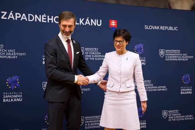 Slovakia hosts ministerial meeting of the Friends of the Western Balkans BRATISLAVA, SLOVAKIA - MAY 12: The Minister of Foreign and European Affairs of the Slovak Republic, Juraj Blanar welcomes European Commissioner for Enlargement Marta Kos during the ministerial meeting of the Friends of the Western Balkans group at Bratislava Castle in Bratislava, Slovakia on May 12, 2026. The event brings together foreign ministers of the member states of the Friends of the Western Balkans group (Slovakia, Czechia, Greece, Croatia, Austria, Slovenia and Italy) and representatives of the Western Balkans (Albania, Bosnia and Herzegovina, Montenegro, Kosovo, North Macedonia and Serbia), along with the European Commissioner for Enlargement, Marta Kos. Zuza Copyright: x2026xAnadoluxZuzanaxGogovax