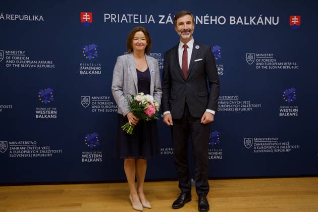 Slovakia hosts ministerial meeting of the Friends of the Western Balkans BRATISLAVA, SLOVAKIA - MAY 12: The Minister of Foreign and European Affairs of the Slovak Republic, Juraj Blanar welcomes Slovenian Foreign Minister Tanja Fajon during the ministerial meeting of the Friends of the Western Balkans group at Bratislava Castle in Bratislava, Slovakia on May 12, 2026. The event brings together foreign ministers of the member states of the Friends of the Western Balkans group (Slovakia, Czechia, Greece, Croatia, Austria, Slovenia and Italy) and representatives of the Western Balkans (Albania, Bosnia and Herzegovina, Montenegro, Kosovo, North Macedonia and Serbia), along with the European Commissioner for Enlargement, Marta Kos. Zuzana Gogova Copyright: x2026xAnadoluxZuzanaxGogovax