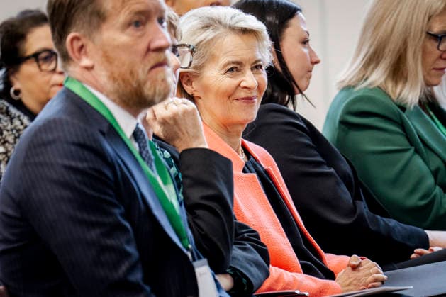 DENMARK Keeping our Children and Families Safe in the AI Era, King Frederik, King Frederik X President of the European Commission, Ursula von der Leyen, at the international conference Keeping our Children and Families Safe in the AI Era in the Landsting Hall at Christiansborg Palace on Tuesday, May 12, 2026. The conference is organized by Save the Children and the American organization Common Sense Media and focuses on how politicians, experts, and tech leaders can protect children and young people from the harmful consequences of social media and artificial intelligence. (Photo: Ida Marie Odgaard Ritzau Scanpix) , Copenhagen Denmark Copyright: RitzauxScanpix IdaxMariexOdgaardx spdk20260512-143122-L