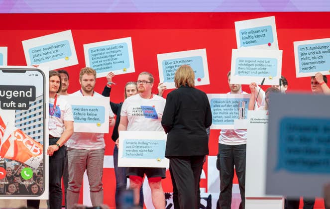 Bärbel Bas beim DGB EUR, Deutschland, Berlin, 12.05.2026: Jugend ruf an - Gespräch mit Bärbel Bas (SPD), Bundesministerin für Arbeit und Soziales auf dem 23. DGB Bundeskongress.