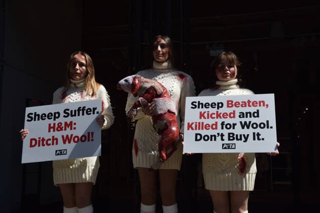 May 12, 2026, London, England, United Kingdom: PETA activists with fake bruises and blood hold a fake dead lamb during a protest outside H&M on Regent Street, calling on the fashion group to stop selling wool. London United Kingdom  - ZUMAv130 20260512_zip_v130_002 Copyright: xVukxValcicx