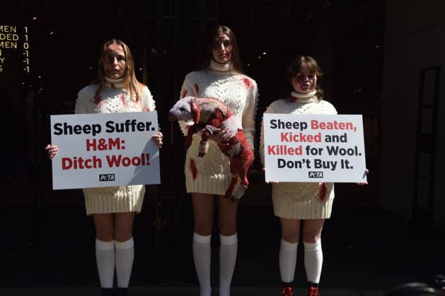 May 12, 2026, London, England, United Kingdom: PETA activists with fake bruises and blood hold a fake dead lamb during a protest outside H&M on Regent Street, calling on the fashion group to stop selling wool. London United Kingdom - ZUMAv130 20260512_zip_v130_005 Copyright: xVukxValcicx