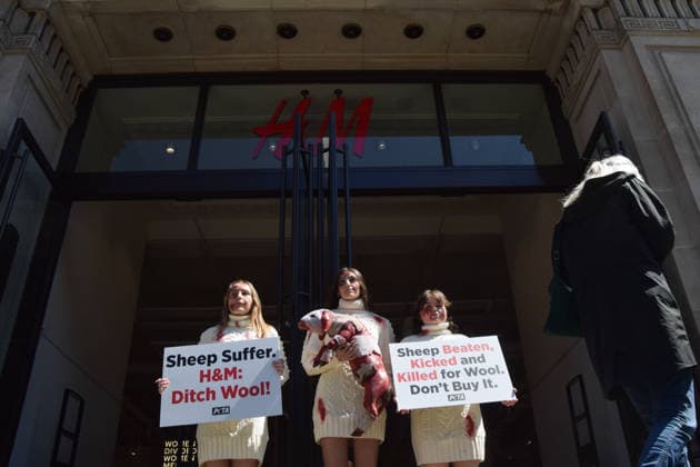 May 12, 2026, London, England, United Kingdom: PETA activists with fake bruises and blood hold a fake dead lamb during a protest outside H&M on Regent Street, calling on the fashion group to stop selling wool. London United Kingdom - ZUMAv130 20260512_zip_v130_007 Copyright: xVukxValcicx