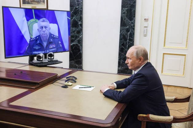 RUSSIA, MOSCOW - MAY 12, 2026: Russia s President Vladimir Putin holds a video conference meeting with Sergei Karakayev, commander of Russia s Strategic Rocket Forces, at Moscow s Kremlin. Mikhail Metzel Russian Presidential Press and Information Office TASS  92366376