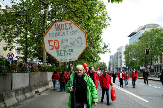 May 12, 2026, Brussels, Brussels, Belgium: For the sixth time since 2025, the three major labour unions have managed to rally their members for a national strike and demonstration. Together with various organisations from different sectors, they have brought 50,000 people onto the streets of Brussels today..The protesters are angry about the reforms of Bart De Weverâ€⠢s federal government. Minister Jan Jambonâ€⠢s pension plans, in particular, are causing a great deal of anger. Various protesters spoke to us: â€oeWe feel robbed.â€Â..The demonstration also passed the American Embassy, where a striking number of people voiced their dissatisfaction with Trump and the US Ambassador to Belgium. ..The offices of the French-speakin - ZUMAr234 20260512_zip_r234_016 Copyright: xBobxReijndersx
