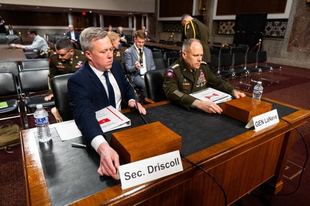 Secretary of the Army Daniel Driscoll UNITED STATES - MAY 12: Secretary of the Army Daniel Driscoll, left, and Vice Chief of Staff of the Army Gen. Christopher LaNeve take their seats for the Senate Armed Services Committee hearing on the U.S. Army 2027 budget request in the Dirksen Senate Office Building on Tuesday, May 12, 2026. (Bill Clark CQ Roll Call) Washington DC United States EDITORIAL USE ONLY Copyright: x 2026xCQxRollxCallx BillxClarkx rollcallpix170823