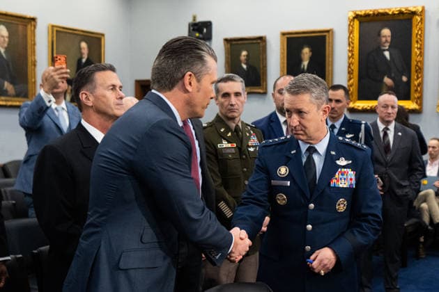 House Appropriations Defense Budget Hearing UNITED STATES - MAY 12: Secretary of Defense Pete Hegseth, left, and Chairman of the Joint Chiefs of Staff Gen. Dan Caine arrive to testify during the House Appropriations Defense Subcommittee hearing on the Defense Department budget on Tuesday, May 12, 2026. (Bill Clark CQ Roll Call) Washington DC United States EDITORIAL USE ONLY Copyright: x 2026xCQxRollxCallx BillxClarkx rollcallpix170816