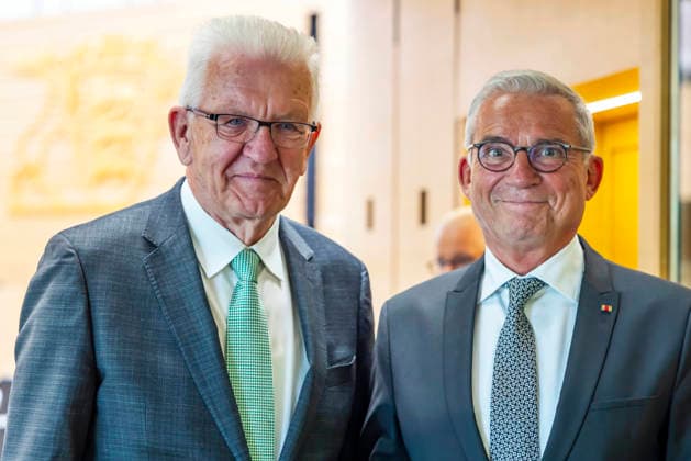 Konstituierende Sitzung des 18. Landtags von Baden-Württemberg. Der neugewählte Landtagspräsident Thomas Strobl, CDU. Links der Ehrengast der Sitzung, der ehemalige Ministerpräsident Winfried Kretschmann (Grüne). 12.05.2026, Stuttgart, Baden-Württemberg, Deutschland