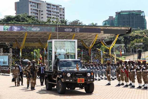 (260512) -- KAMPALA, May 12, 2026 -- President Yoweri Museveni inspects the guard of honor after being sworn in at the presidential swearing-in ceremony in Kampala, Uganda, on May 12, 2026. Ugandan President-elect Yoweri Museveni was sworn in on Tuesday for another five-year term at a ceremony in the capital, Kampala. (Photo by Xinhua) UGANDA-KAMPALA-MUSEVENI-SWEARING-IN-CEREMONY HajarahxNalwadda 