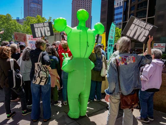 May 12, 2026, New York, New York, USA: Anti ICE protest at 26 Federal Plaza NYC reached new heights.with the addition of this alien. The Hands Off demonstration.demanded no more ICE raids holding them accountable in NYC outside of the federal building. New York USA  - ZUMAh156 20260512_znp_h156_001 Copyright: xMiloxHessx