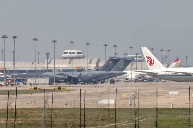 BEIJING, CHINA - MAY 12: U.S. Air Force C-17 Globemaster III aircraft arrives at Beijing Capital International Airport ahead of U.S. President Donald Trump s China visit on May 12, 2026 in Beijing, China. At the invitation of Chinese President Xi Jinping, U.S. President Donald Trump will pay a state visit to China from May 13 to 15.  Copyright: xVCGx 111640975766