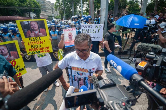 May 13, 2026, Pasay, Metro Manila, Philippines: Teddy CasioÂ±o speaks to the media as the protesters continue their program. Pasay Philippines - ZUMAy102 20260513_zip_y102_015 Copyright: xKenosisxYapx