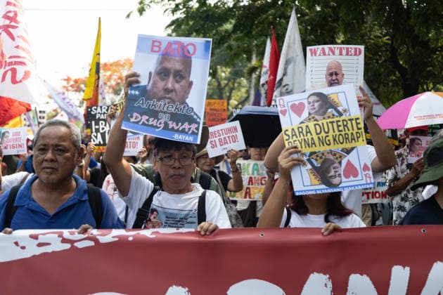 May 13, 2026, Pasay City, Ncr, Philippines: Morning before the Senate session, groups from Bagong Alyansang Makabayan condemns the Senate s decision to shield War on Drugs perpetrator Ronald Bato dela Rosa from an International Criminal Court arrest warrant, in front of the Senate of the Philippines in Pasay City on May 13, 2025.....The groups staged a protest demanding the Senate proceed forthwith with Vice President Sara Duterte s impeachment. Pasay City Philippines  - ZUMAm340 20260513_zip_m340_006 Copyright: xZedrichxXylakxMadridx