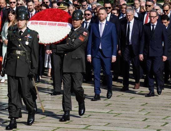 Vice-prime minister and Minister of Foreign Affairs Maxime Prevot, Walloon vice-minister president Pierre-Yves Jeholet and Brussels region Minister-President Boris Dillies pictured during Wreath Laying Ceremony at An?tkabir day four of a Belgian economic mission to Turkey, in Ankara, on Wednesday 13 May 2026. The Queen of the Belgians is leading an economic mission in Turkey from 10 to 14 May.  BENOITxDOPPAGNE 173669878