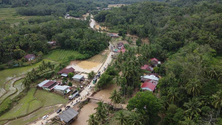 Aftermath of flood in Sumatra TANAH DATAR, INDONESIA - MAY 13: An aerial view of the destruction among the wooden debris affected by floods in Tanah Datar, West Sumatera Province, Indonesia on May 13, 2026. The structures affected by the floods include residential homes, vehicle, irrigation dam, two village bridge, subdistrict roads, and the rice field. Adi Prima Anadolu Tanah Datar Indonesia. Editorial use only. Please get in touch for any other usage.  Copyright: x2026xAnadoluxAdixPrimax