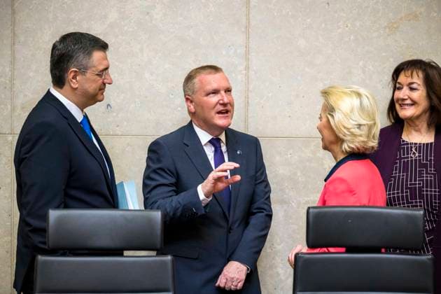 May 13, 2026: (L-R) Apostolos Tzitzikostas , EU Commissioner for Sustainable Transport and Tourism , Michael McGrath , EU Commissioner for Democracy, Justice, and the Rule of Law , Ursula Von der Leyen , the president of the European Commission and Dubravka Suica , EU Commissioner for Mediterranean attend the weekly meeting of the College of Commissioners at the European Commission headquarters in Brussels, Belgium, 13.05.2026. Commissioners are discussing the future of EU cohesion policy, potential restructuring of DG REGIO and plans to strengthen centralized investment tools focused on competitiveness and defence within the European Union budget framework. .  - ZUMAw80_ 20260513_faf_w80_022 Copyright: xWiktorxDabkowskix