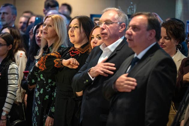 RECORD DATE NOT STATED Deputy Chairperson of the Verkhovna Rada of Ukraine Olena Kondratiuk and Member of the Ukrainian Parliament Sofiia Fedyna (L to R) perform the national anthem of Ukraine during a ceremonial reception hosted by the Delegation of the European Union to Ukraine on the occasion of Europe Day, celebrated on May 9, in Kyiv, Ukraine, on May 12, 2026 (Photo by Danylo Antoniuk Ukrinform) Europe Day reception held by EU Delegation to Ukraine  Copyright: xDanyloxAntoniukx