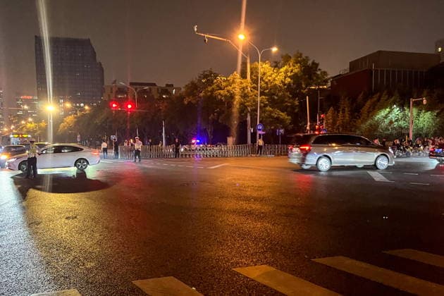 CHINA, BEIJING - MAY 13, 2026: Situation outside Four Seasons Hotel Beijing and Kempinski Hotel Beijing Yansha Center ahead of the arrival of US President Donald J. Trump for a state visit. Ivan Kargapoltsev TASS  92406567