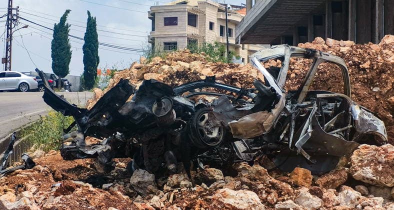 LEBANON, MOUNT LEBANON GOVERNORATE - MAY 13, 2026: The burnt out wreckage of a car destroyed in a drone attack, in Saadiyat, Chouf District, 20km south of Beirut. Ankhar Kochneva TASS  92404724
