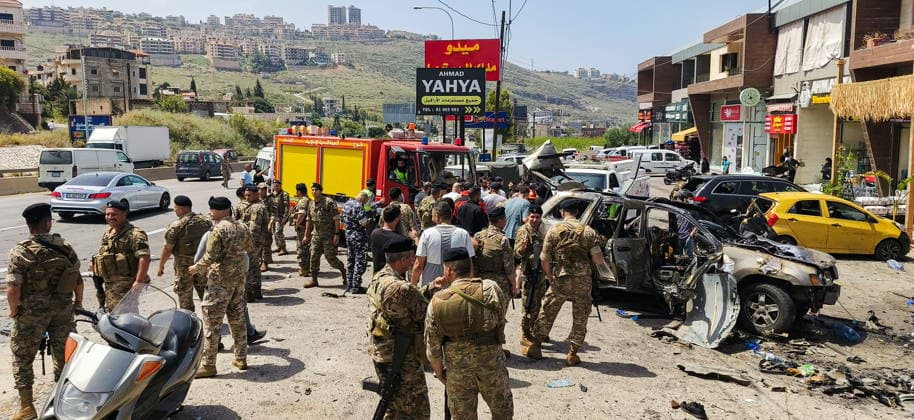 LEBANON, MOUNT LEBANON GOVERNORATE - MAY 13, 2026: The burnt out wreckage of a car destroyed in a drone attack, in Jiyeh, Chouf District, 30km south of Beirut. Ankhar Kochneva TASS  92399869