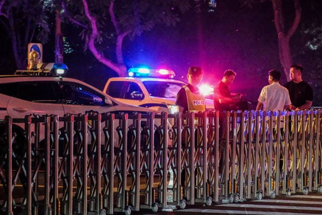 CHINA, BEIJING - MAY 13, 2026: Situation outside Four Seasons Hotel Beijing and Kempinski Hotel Beijing Yansha Center ahead of the arrival of US President Donald J. Trump for a state visit. Artyom Prytkov TASS  92413379