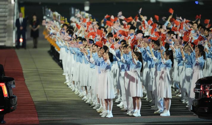 BEIJING, CHINA - MAY 13: Chinese youth join officials to welcome U.S. President Donald Trump at Beijing Capital International Airport on May 13, 2026 in Beijing, China. U.S. President Donald Trump arrived in Beijing on Wednesday evening for a state visit to China.  Copyright: xVCGx 111641205119