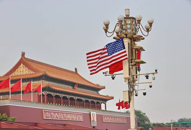 BEIJING, CHINA - MAY 13: National flags of China and the U.S. hang from lamp posts on the Tiananmen Square on May 13, 2026 in Beijing, China. At the invitation of Chinese President Xi Jinping, Trump is visiting China from May 13 to 15.  Copyright: xVCGx 111641168813