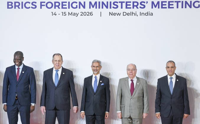 BRICS Foreign Ministers™ Meeting 2026 under India™s Chairship- Day 1 New Delhi, May 14 (ANI): (L-R) South Africa s Foreign Minister Ronald Lamola, Russia s Foreign Minister Sergey Lavrov, India s Foreign Minister S. Jaishankar, Brazil s Foreign Minister Mauro Vieira, and Egypt s Foreign Minister Badr Abdelatty pose for a photo at the BRICS Foreign Ministers Meeting at Bharat Mandapam, in New Delhi on Thursday. NEW DELHI Delhi India Copyright: xANIx ANI_20260514062
