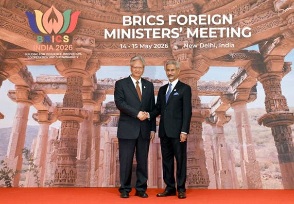 BRICS Foreign Ministers’ Meeting in New Delhi NEW DELHI, INDIA - MAY 14: (----EDITORIAL USE ONLY - MANDATORY CREDIT - ’PRESS INFORMATION BUREAU OF INDIA HANDOUT - NO MARKETING NO ADVERTISING CAMPAIGNS - DISTRIBUTED AS A SERVICE TO CLIENTS----) India s Foreign Minister Subrahmanyam Jaishankar (R) welcomes Chinese Ambassador to India Xu Feihong for the opening of the BRICS Foreign Ministers Meeting at the Bharat Mandapam in New Delhi on May 14, 2026. Press Information Bureau (PIB) Anadolu New Delhi India. Editorial use only. Please get in touch for any other usage.  Copyright: x2026xAnadoluxPressxInformationxBureaux(PIB)x