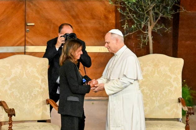 May 14, 2026, Rome, Rome, Italy: Pope Leo XIV with Rector Antonella Polimeni, during his visit to Sapienza University, Rome, 14 05 2025 Rome Italy  - ZUMAa289 20260514_zia_a289_040 Copyright: xMariaxLauraxAntonellix xAgfx