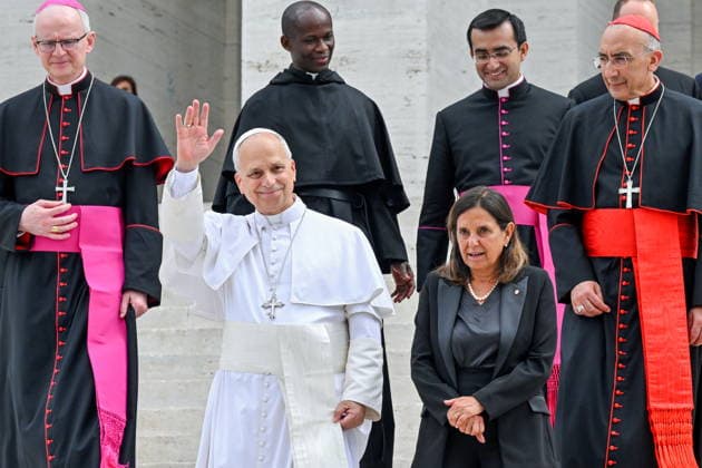May 14, 2026, Rome, Rome, Italy: Pope Leo XIV at Sapienza University on a pastoral visit, with Rector Antonella Polimeni to his left, Rome, May 14, 2025 Rome Italy  - ZUMAa289 20260514_zia_a289_062 Copyright: xMariaxLauraxAntonellix xAgfx