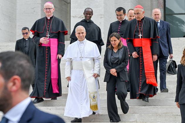 May 14, 2026, Rome, Rome, Italy: Pope Leo XIV at Sapienza University on a pastoral visit, with Rector Antonella Polimeni to his left, Rome, May 14, 2025 Rome Italy  - ZUMAa289 20260514_zia_a289_064 Copyright: xMariaxLauraxAntonellix xAgfx