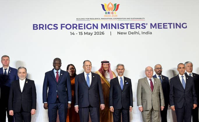 Family photo on the sidelines of the BRICS Foreign Ministers Meeting New Delhi, May 14 (ANI): External Affairs Minister S. Jaishankar, along with other BRICS Foreign Ministers at the family photo on the sidelines of the BRICS Foreign Ministers Meeting, at Bharat Mandapam in New Delhi on Thursday. NEW DELHI Delhi India Copyright: xANIx ANI_20260514196
