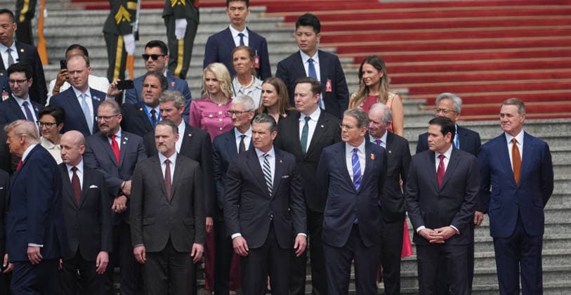 BEIJING, CHINA - MAY 14: Members of the U.S. delegation and CEOs from various industries stand prior to a welcome ceremony for U.S. President Donald Trump outside the Great Hall of the People on May 14, 2026 in Beijing, China. Xi held talks with Trump at the Great Hall of the People in Beijing on Thursday.  Copyright: xVCGx 111641410996