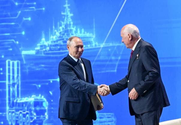 Russia Putin Engineering Union Congress 9164771 14.05.2026 Russian President Vladimir Putin is welcomed by Rostec State Corporation CEO Sergei Chemezov during the 10th Congress of the Russian Engineering Union at the Russia National Centre in Moscow, Russia. Maksim Blinov Sputnik Moscow Russia  Copyright: xMaksimxBlinovx
