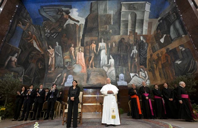 Pope Leo XIV Visits The Sapienza University of Rome - Rome Pope Leo XIV makes pastoral visit to the Sapienza University of Rome, Italy on May 14, 2026. LEFT: Antonella Polimeni, rector of the Sapienza. In his speech he urged young people to reject resignation, become ‘artisans of true peace,’ and warned against rising military spending and the dangers of artificial intelligence in war. The Sapienza University of Rome was founded in 1303 and is one of the world s oldest universities. With over 110,000 students, it is also the largest university in Europe. Photo by (EV) Simone Risoluti Vatican Media ABACAPRESS.COM Rome Italy  Copyright: xABACAx