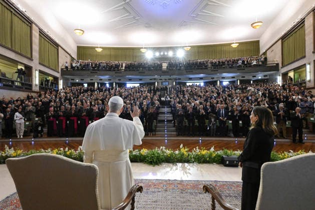 Pope Leo XIV Visits The Sapienza University of Rome - Rome Pope Leo XIV makes pastoral visit to the Sapienza University of Rome, Italy on May 14, 2026. RIGHT: Antonella Polimeni, rector of the Sapienza. In his speech he urged young people to reject resignation, become ‘artisans of true peace,’ and warned against rising military spending and the dangers of artificial intelligence in war. The Sapienza University of Rome was founded in 1303 and is one of the world s oldest universities. With over 110,000 students, it is also the largest university in Europe. Photo by (EV) Simone Risoluti Vatican Media ABACAPRESS.COM Rome Italy  Copyright: xABACAx
